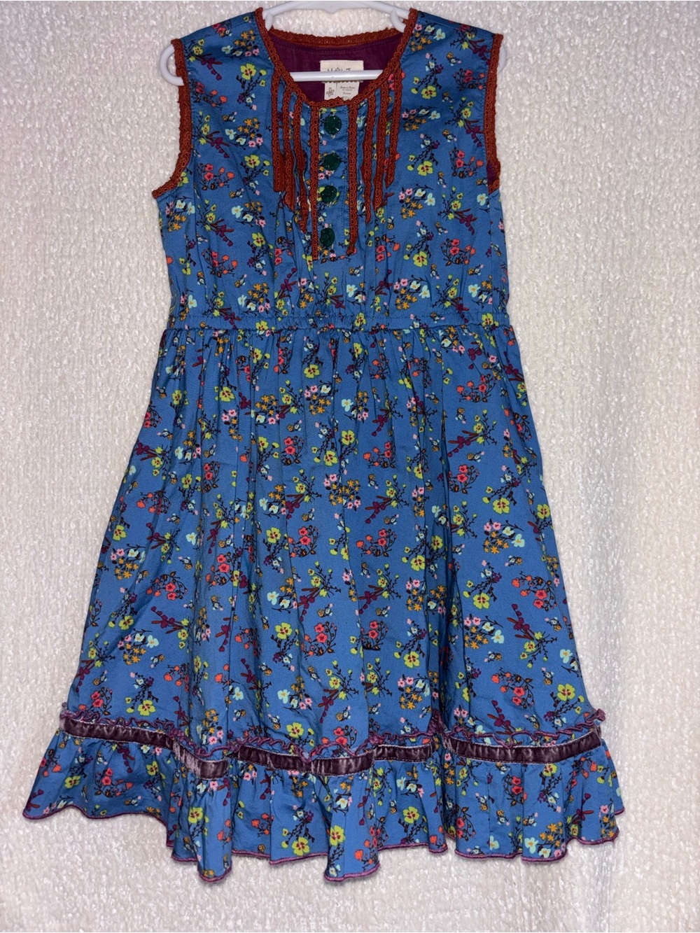 Matilda Jane Blue Floral Sleeveless Dress with Rust Trim